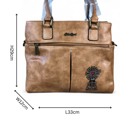 KHAKI PU Leather Cotton Road Handbag with WINDMILL