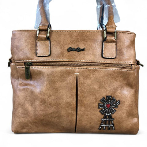 KHAKI PU Leather Cotton Road Handbag with WINDMILL