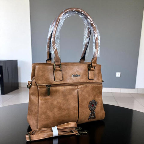 KHAKI PU Leather Cotton Road Handbag with WINDMILL