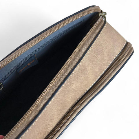 KHAKI PU Leather Cotton Road Sling Bag with EMBOSSED FLOWERS
