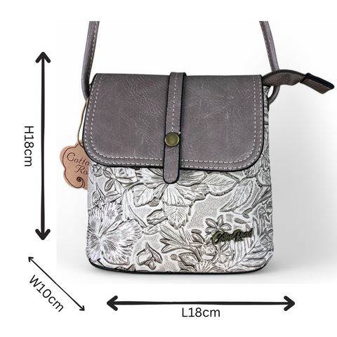 KHAKI PU Leather Cotton Road Sling Bag with EMBOSSED FLOWERS