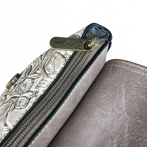 KHAKI PU Leather Cotton Road Sling Bag with EMBOSSED FLOWERS