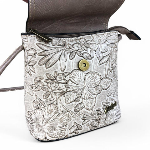 KHAKI PU Leather Cotton Road Sling Bag with EMBOSSED FLOWERS