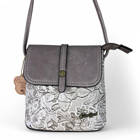 KHAKI PU Leather Cotton Road Sling Bag with EMBOSSED FLOWERS