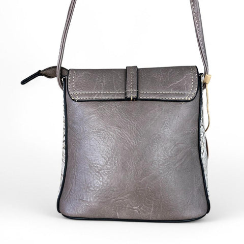 KHAKI PU Leather Cotton Road Sling Bag with EMBOSSED FLOWERS
