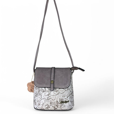 KHAKI PU Leather Cotton Road Sling Bag with EMBOSSED FLOWERS