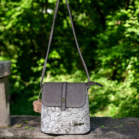 KHAKI PU Leather Cotton Road Sling Bag with EMBOSSED FLOWERS
