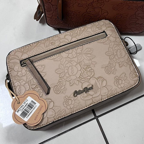 KHAKI PU Leather Cotton Road Sling Bag with EMBOSSED FLOWERS