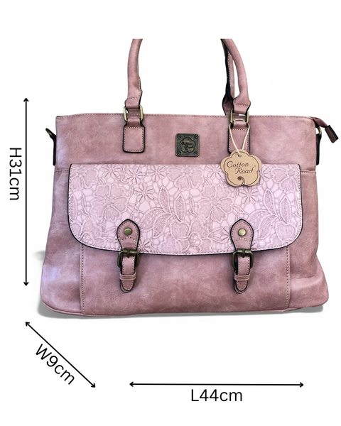 Cotton Road Laptop Bag in pink PU leather with lace print and multiple compartments for 15.6" laptop