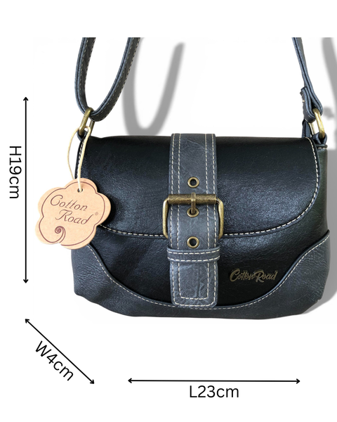 Black PU leather Cotton Road Sling Bag with buckle clip and adjustable strap