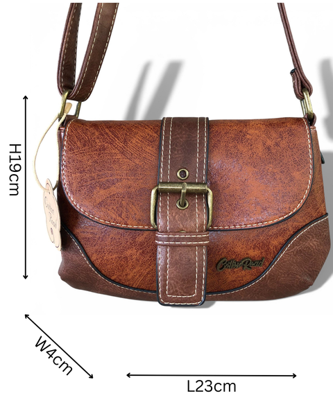 Cotton Road Sling Bag: BROWN PU Leather Sling Bag with BUCKLE CLIP