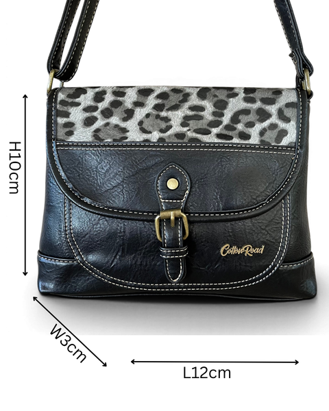 Cotton Road sling bag in black leopard print PU leather with matching wallet and adjustable strap