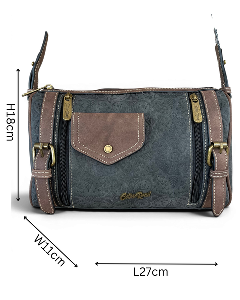 Cotton Road Sling Bag in charcoal black PU leather with brown trim and branded strap, featuring multiple zip pockets and compact crossbody design