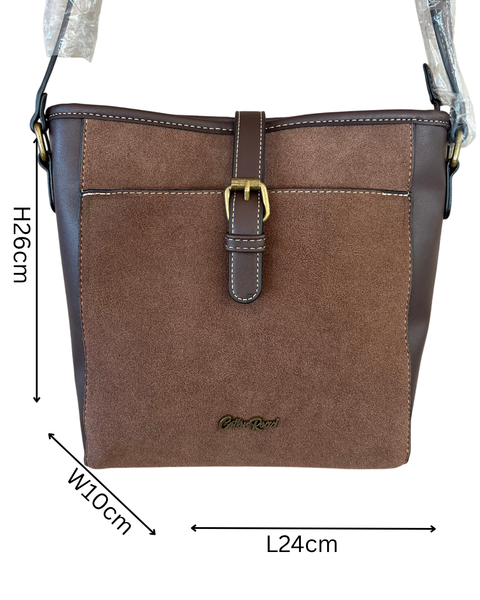 Cotton Road coffee brown PU leather sling bag with buckle clip and suede-look front panel