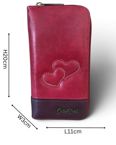 Cotton Road Wallet: Large MAROON RED PU Leather with Heart Design