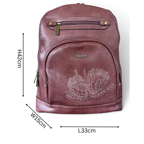 Cotton Road Laptop Bag Pink Protea dusty pink PU leather backpack with embroidered design and padded laptop compartment