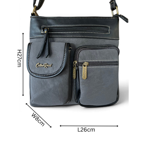 Cotton Road Sling Bag black PU leather crossbody bag with multiple pockets and antique brass hardware