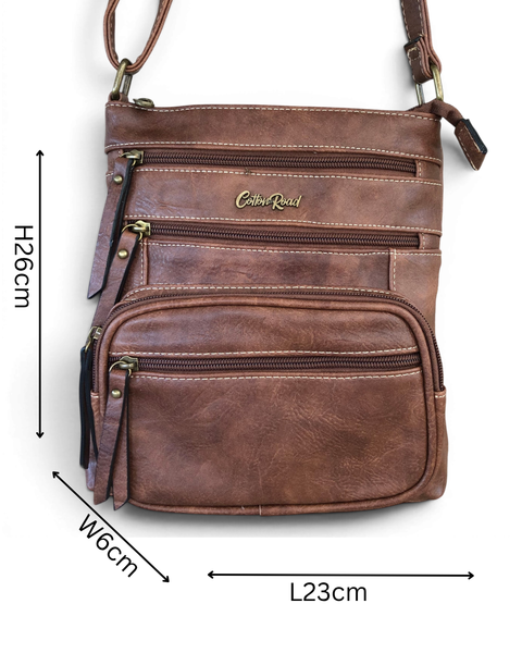 Cotton Road Sling Bag: Brown PU Leather Multi-Zip Crossbody Bag