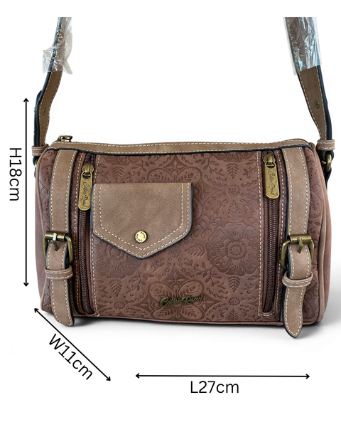 Cotton Road Sling Bag brown PU leather crossbody with branded strap and embossed floral design