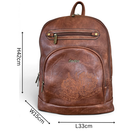 Cotton Road brown PU leather laptop backpack with embroidered Protea design and multiple compartments