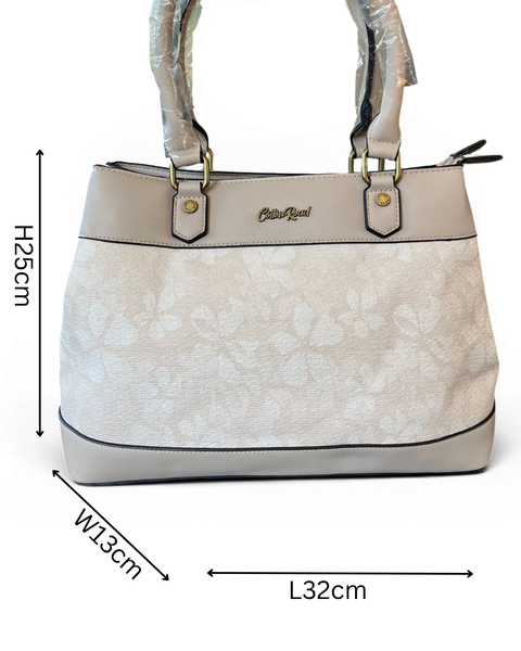 Cotton Road Handbag beige floral PU leather with twin handles and adjustable strap for stylish women