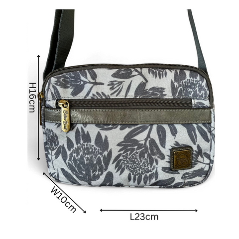 Cotton Road Sling Bag grey Protea canvas crossbody with multiple zip compartments and adjustable strap