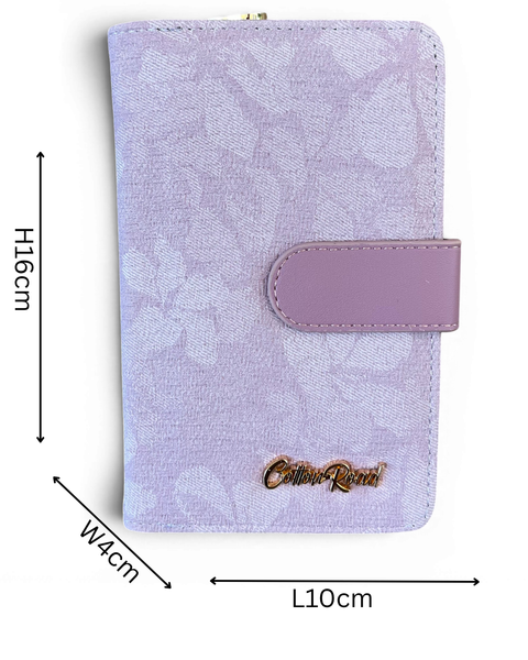 Cotton Road Wallet medium lilac floral PU leather with gold hardware and clip closure