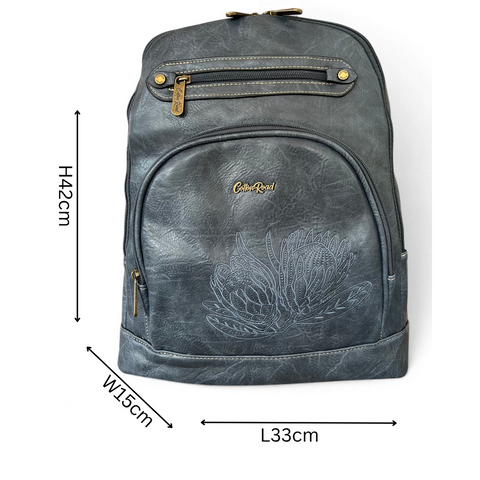 Cotton Road Blue Protea PU leather laptop backpack with embroidered design and multiple compartments