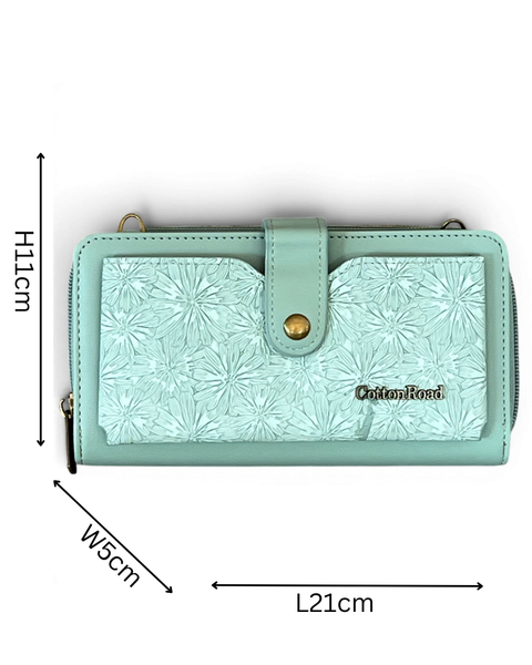Cotton Road large green PU leather wallet with embossed floral pocket and adjustable shoulder strap