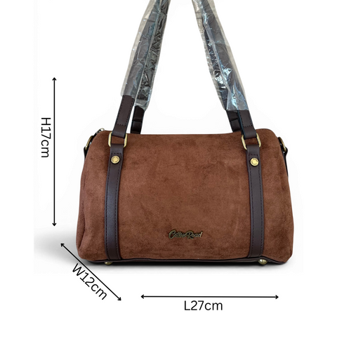 Cotton Road Sling Bag in brown suede-look PU leather with shoulder strap and antique brass hardware