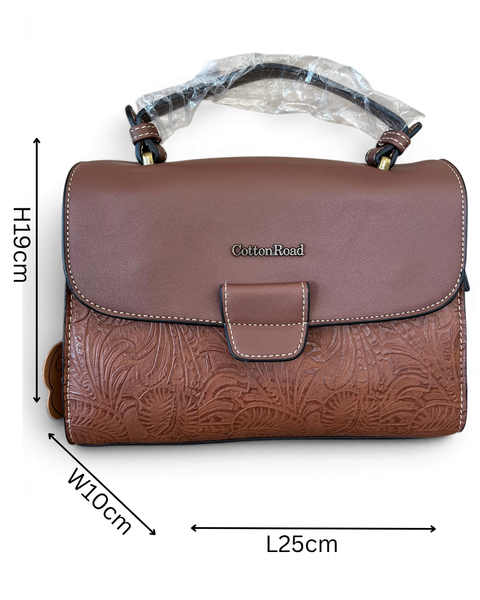 Brown Cotton Road handbag in PU leather with embossed botanical panel and antique brass hardware