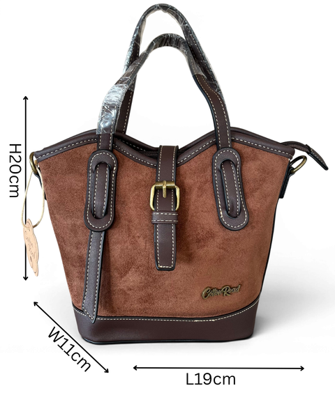 Cotton Road Handbag: BROWN PU Leather with Buckle Clip Design