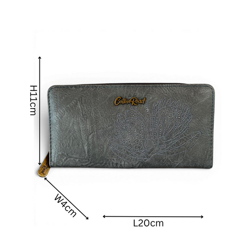 Cotton Road Wallet large blue PU leather with embroidered protea design and multiple compartments