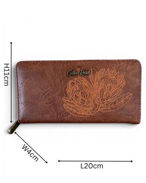 Cotton Road Wallet large brown PU leather with embroidered Protea design and zip-around compartment