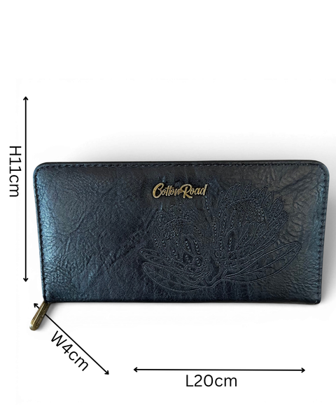 Cotton Road Black PU leather handbag and matching wallet with embroidered Protea design and antique brass hardware