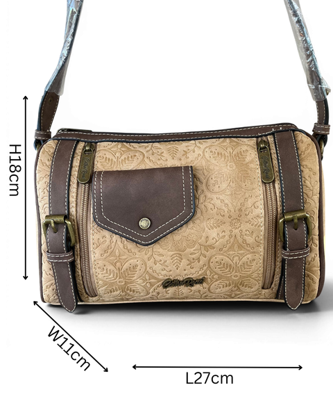 Cotton Road Khaki PU Leather Sling Bag with branded strap and multiple zip pockets