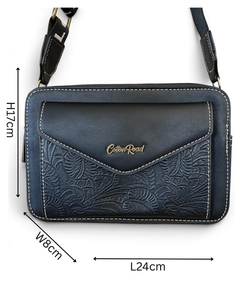 Black Cotton Road Sling Bag in PU leather with embossed design and branded strap