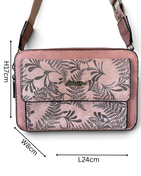 Cotton Road Pink PU leather sling bag with floral pocket and branded strap