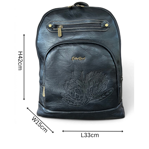 Cotton Road Laptop Bag black PU leather backpack with embroidered Protea design and multiple compartments