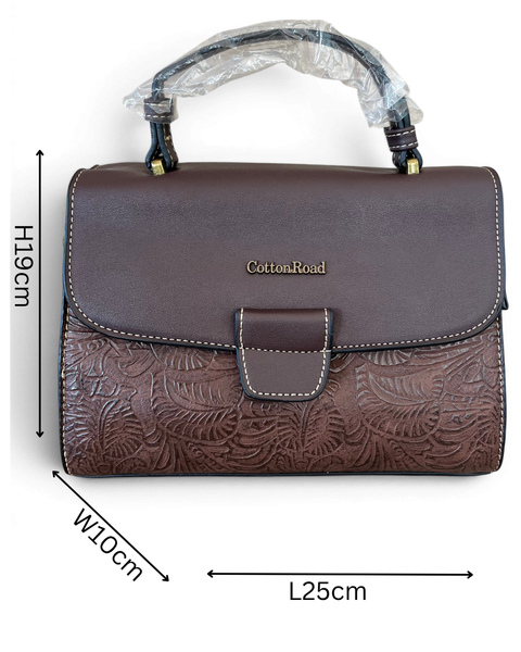 Cotton Road Coffee Brown PU leather handbag with embossed botanical panel and antique brass hardware