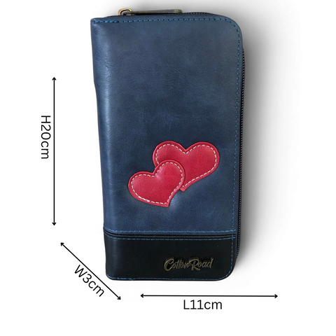 Cotton Road Wallet: Large BLUE PU Leather with Heart Design