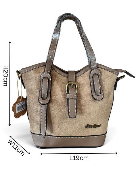 Cotton Road Handbag in khaki PU leather with buckle clip and double handles