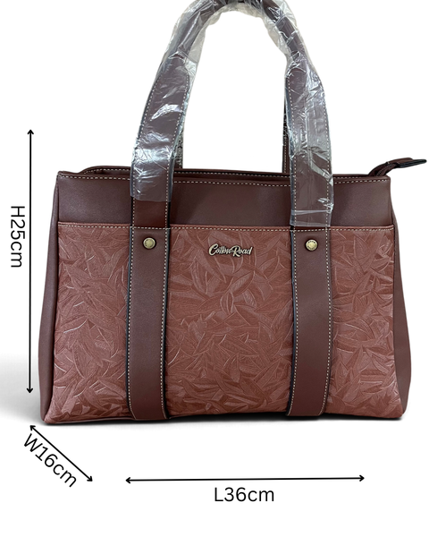Cotton Road Handbag: COFFEE BROWN PU Leather with LEAF Design