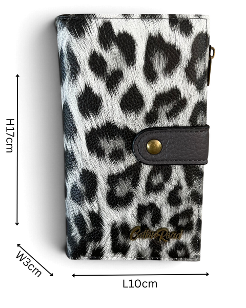 Cotton Road Wallet: Medium GREY Leopard Print PU Leather with Clip