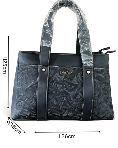 Cotton Road Handbag: BLACK PU Leather with LEAF Design