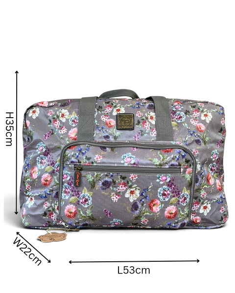 Cotton Road Travel Bag: MAUVE FLORAL PVC Foldaway WEEKENDER with Matching Vanity Bag