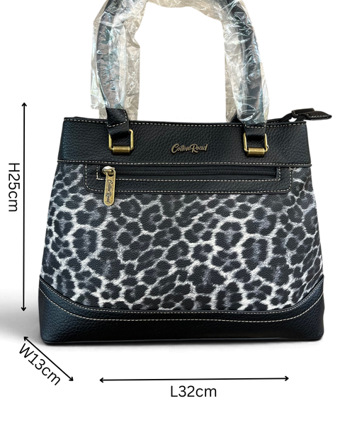 Cotton Road Handbag: Stylish BLACK Leopard Print PU Leather with Matching Wallet