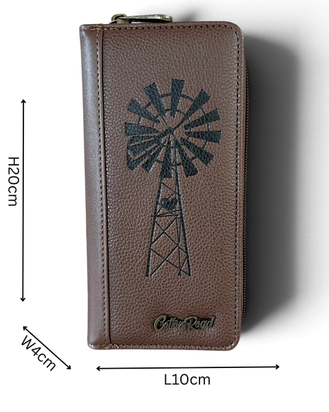 Cotton Road Wallet: Large BROWN PU Leather with WINDMILL Design