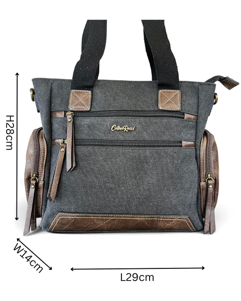 Cotton Road Handbag - BLACK Canvas Shoulder Bag with PU Leather Trim