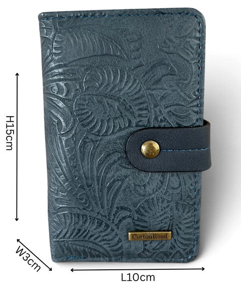 Cotton Road Wallet medium blue embossed PU leather with clip closure and multiple compartments